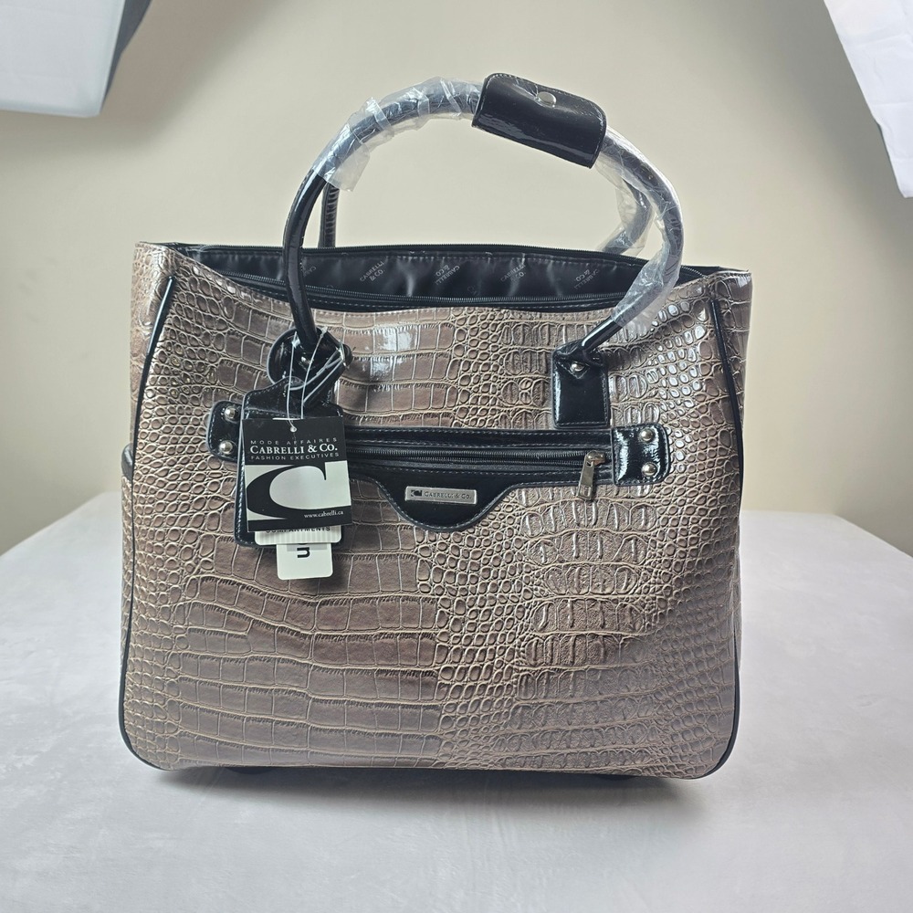 Cabrelli‎ & Co Rolling Laptop Tote Bag Taupe Croc Embossed Carry-on Professional